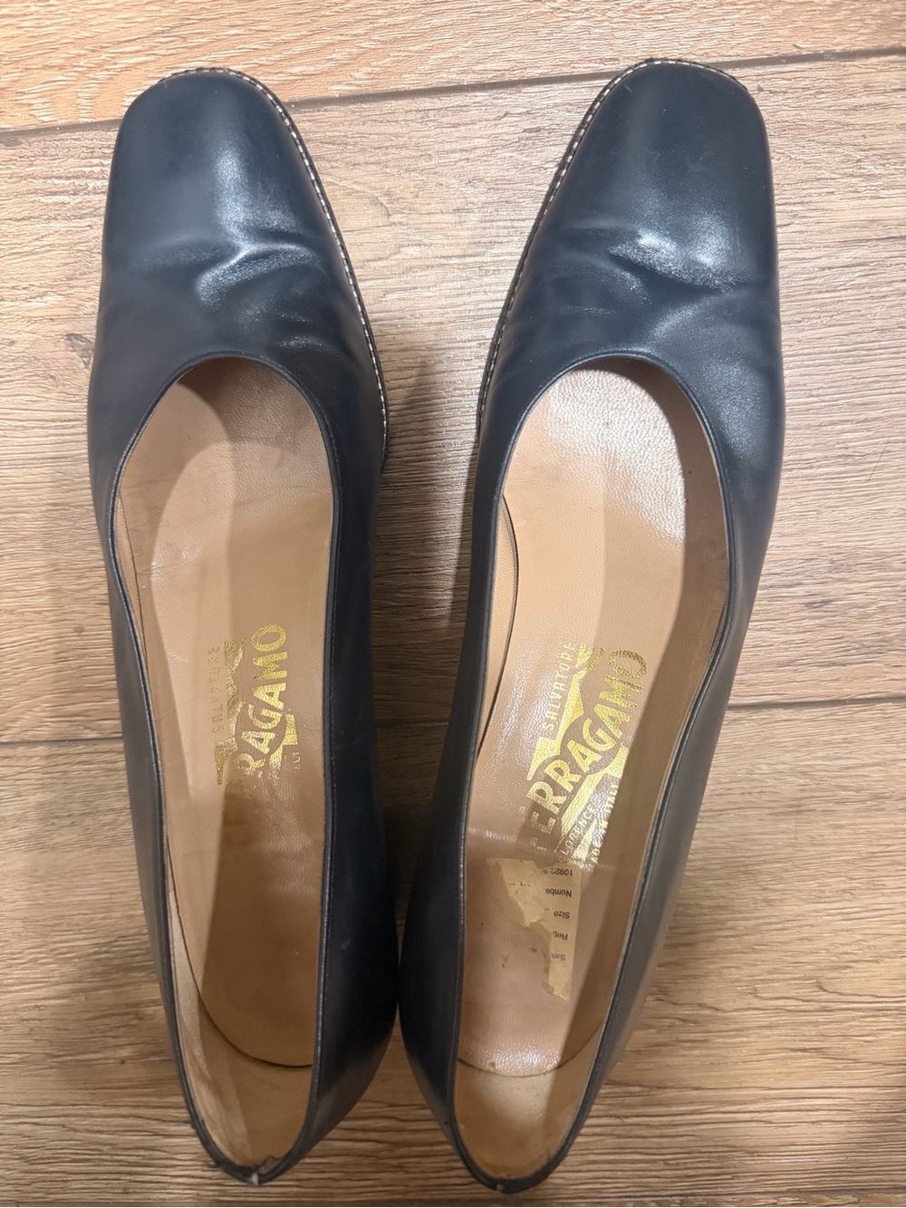Salvatore Ferragamo Dark Navy Leather Square-Toe Pumps